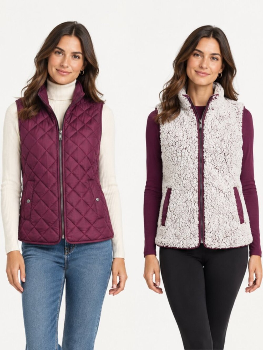 Andrew Marc Sport Reversible Sherpa Quilted Sleeveless Puffer Vest in Deep Plum